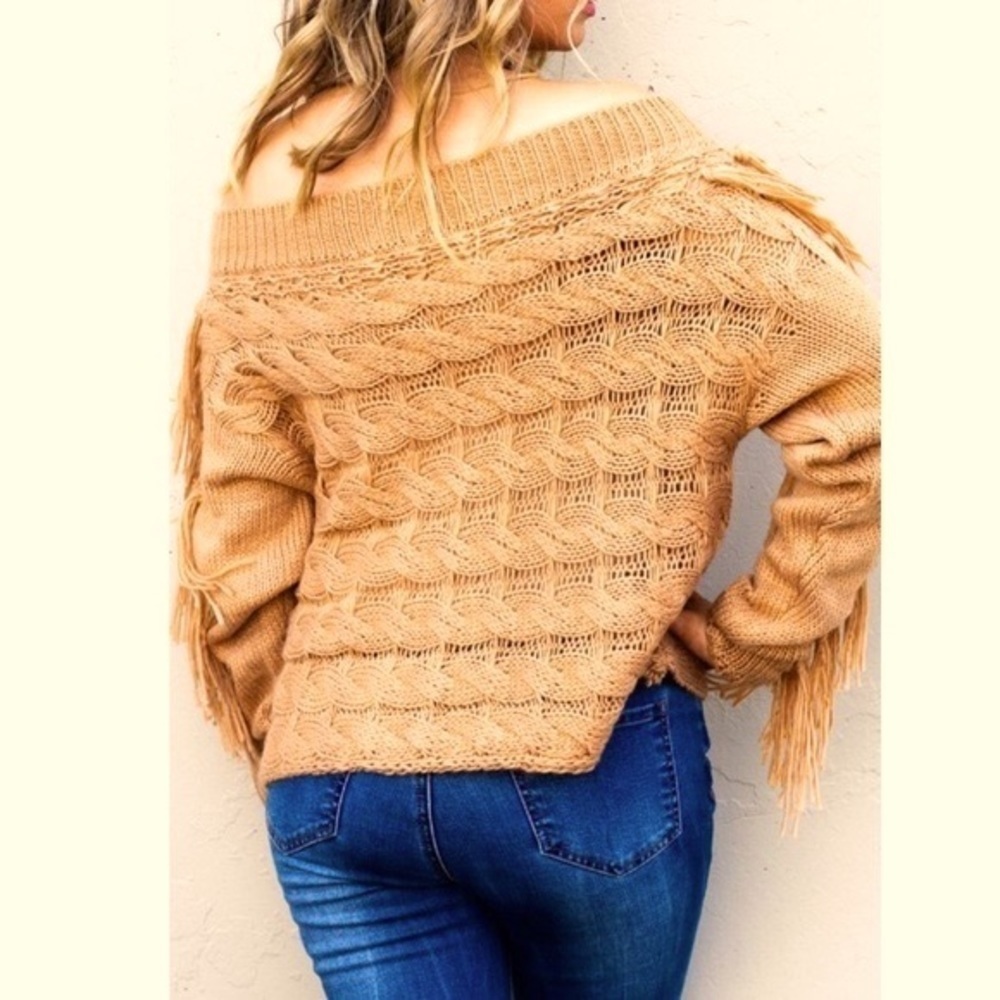 Western Tassel Sleeve Off Shoulder Pullover Sweater NWT - Picture 3 of 7